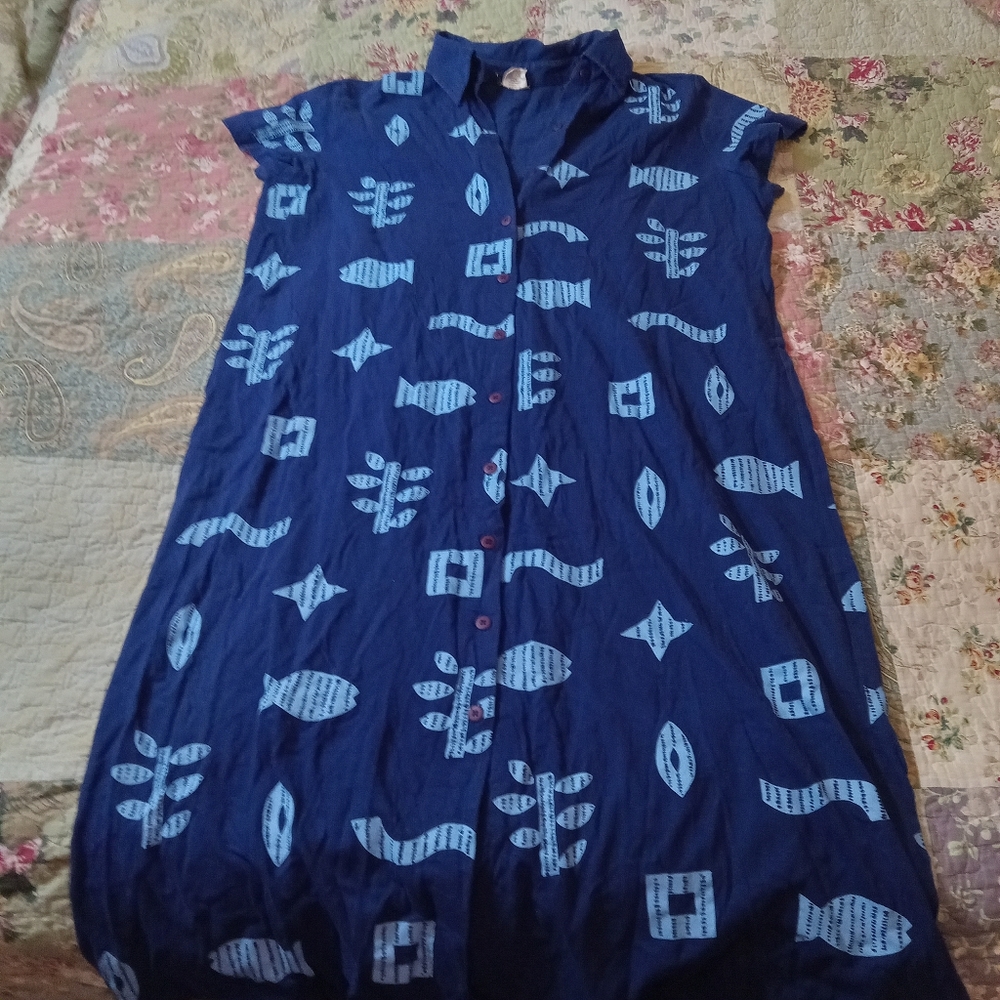 COTTON FIELDS BY M MAC 2X Blue Button-Up Dress WITH FISH